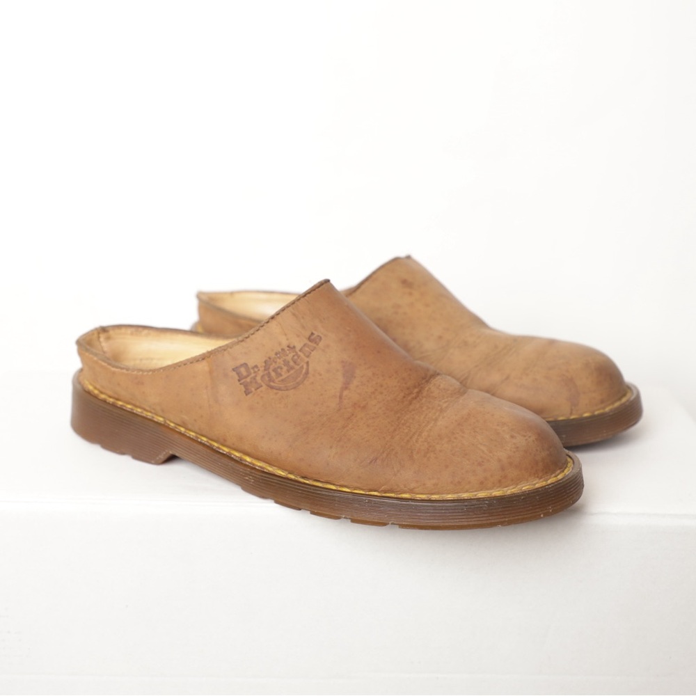 Vintage Dr Martens Slip On Mules Clogs Women Sz 7 Brown Leather Made in England